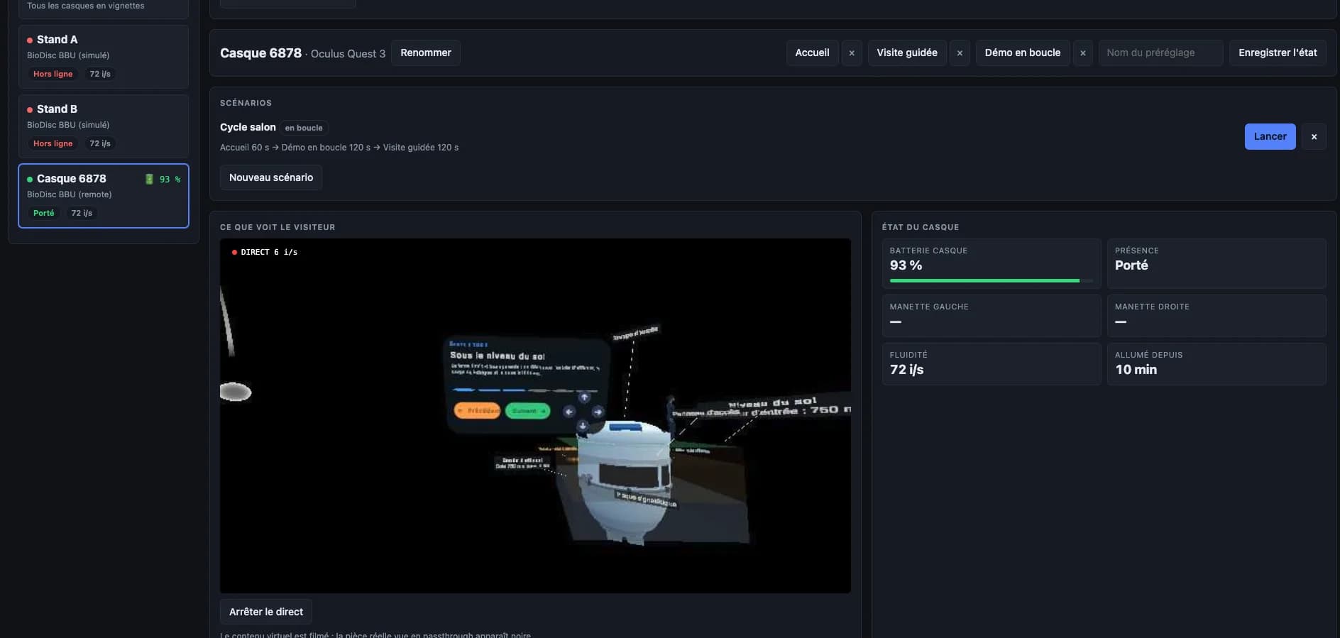 Console de pilotage : vue en direct du casque, scénarios et état du casque